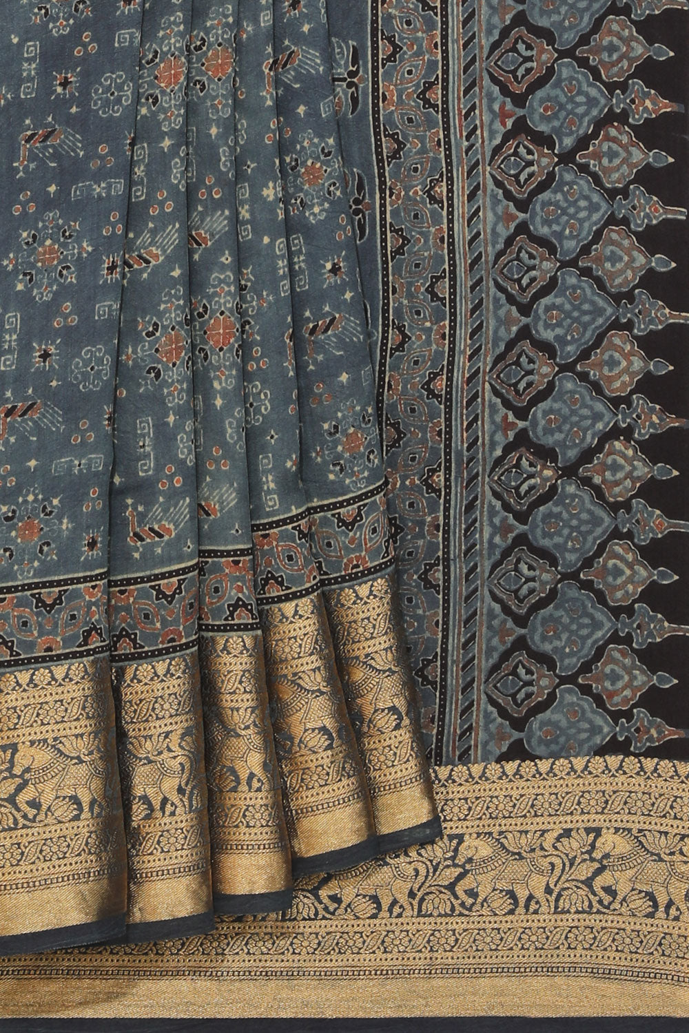 Image of Smokey Grey Ajrakh Modal Silk Saree